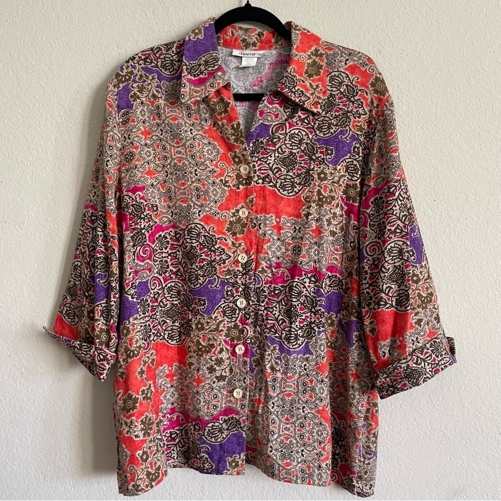 David n linen floral button down top size XL grandma core casual fall flowy